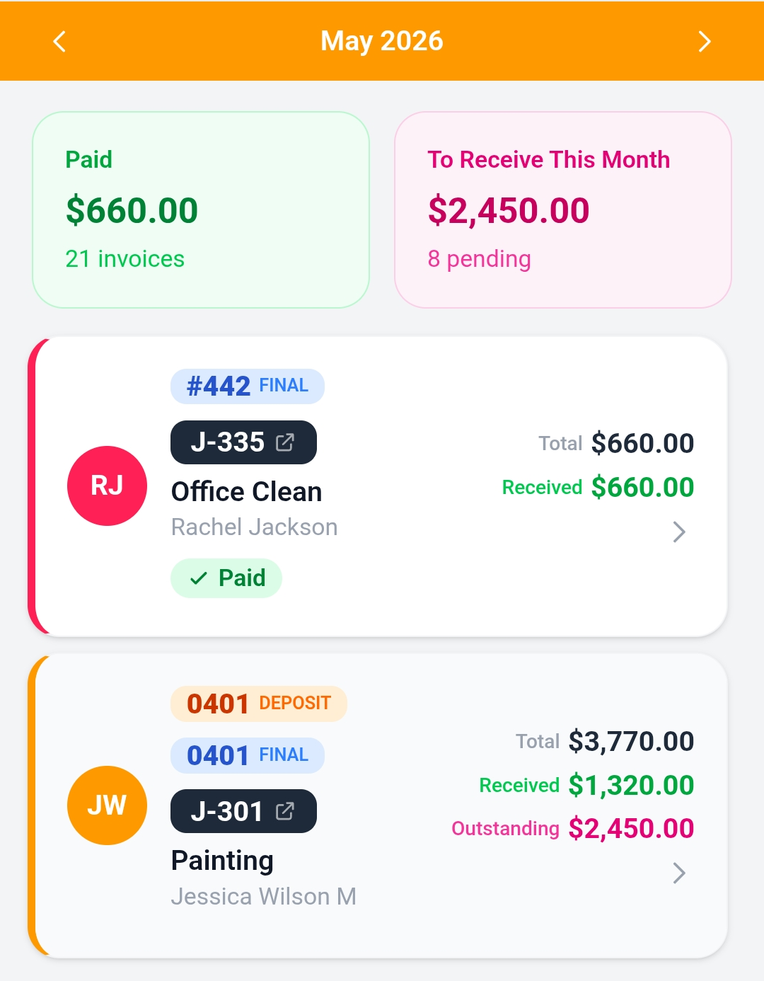 Hammerly invoice — professional PDF, send by email, track paid/pending/overdue