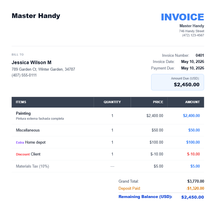 Hammerly invoice in English — professional document for the client