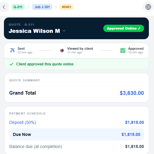Hammerly estimate approved online — Jessica Wilson, $3,630, timeline Sent → Viewed → Approved